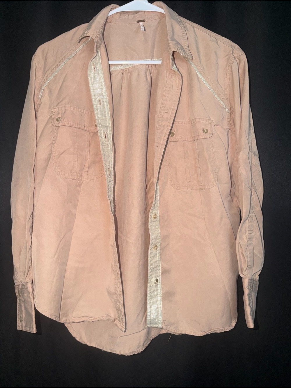 Free People Peach Button-Down Shirt with Shimmer Trim
